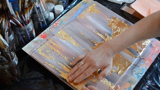 Мастер Класс. Картина акрилом ЦВЕТЫ с золотой поталью. Интерьерная картина. смотреть онлайн