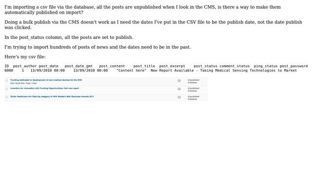 Wordpress: Importing posts via MySql (a csv file) need to be automatically published смотреть онлайн