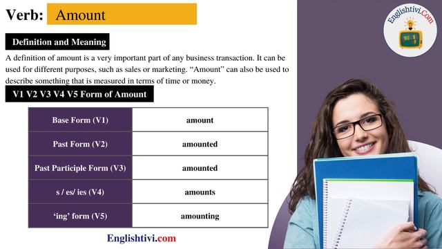 Amount V1 V2 V3 V4 V5 Base Form, Past Simple, Past Participle Form of Amount | Englishtivi.com смотреть онлайн