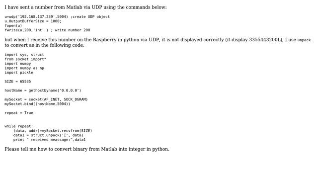 Raspberry Pi: How to convert a binary number into integer via UDP receive in python? смотреть онлайн