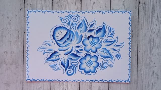 Рисунок под гжель | Стилизованно и очень красиво акриловой краской смотреть онлайн