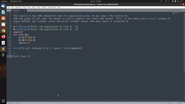 Python code(Countries A and B population surpass problem) смотреть онлайн