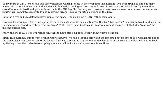 Databases: DBCC CheckDB : Operating System Error 27(The drive cannot find the sector requested) смотреть онлайн