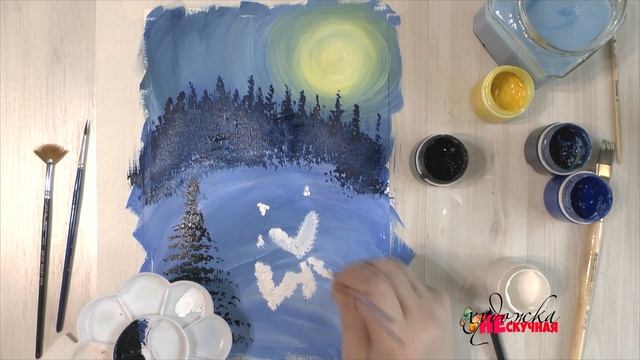 Как нарисовать зимний пейзаж и лисью семью начинающим и детям. Гуашь. смотреть онлайн