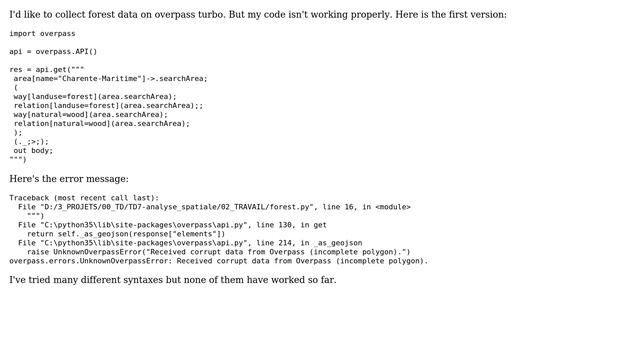 GIS: Received corrupt data from Overpass (incomplete polygon) with Overpass API Python wrapper смотреть онлайн