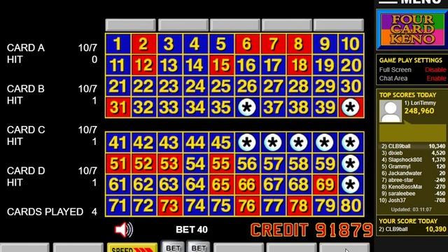 Four Card Keno 7 Spot pattern 1-20-20 смотреть онлайн