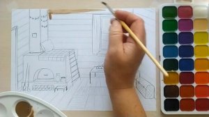 Уроки рисования. Интерьер  русской избы.