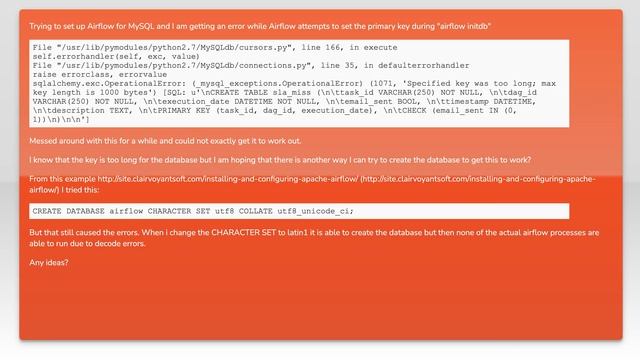 Apache Airflow - mysql 'Specified key was too long; max key length is 1000 bytes' смотреть онлайн