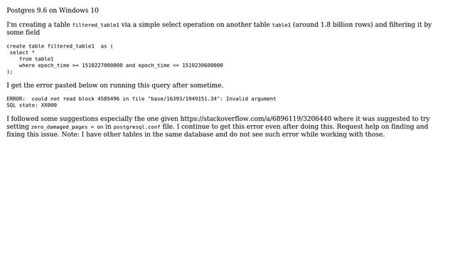 Databases: postgresql select error: could not read block, Invalid argument SQL state: XX000 смотреть онлайн