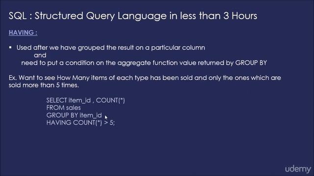 HAVING Clause - GROUPS and MySQL Functions, Learn SQL - MySQL in less than 3 Hours смотреть онлайн