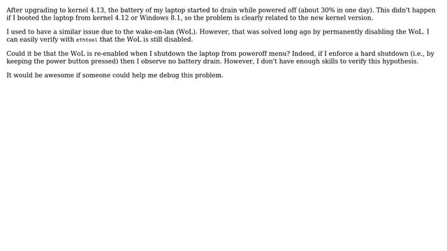 Unix & Linux: Battery drains while powered off after upgrade to kernel 4.13 смотреть онлайн