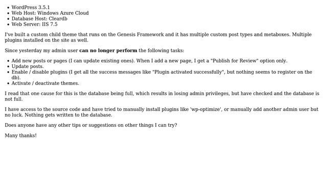 Wordpress: Lost administrator privileges and can't find a fix смотреть онлайн