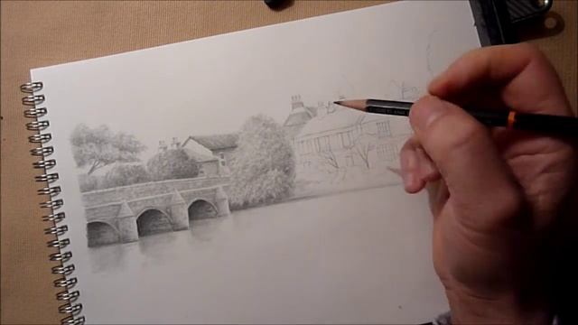 How To Draw Landscapes With Graphite Pencils, Trees, Buildings, Water, Bridges.