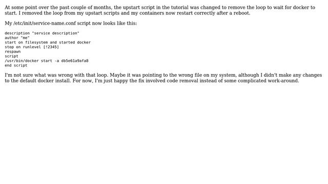 Unix & Linux: Why doesn't docker container start at boot w/ upstart script on Ubuntu 12.04? смотреть онлайн