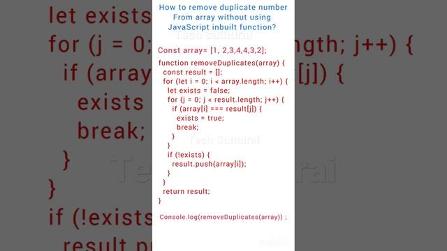 how to remove duplicate number from array without using JS inbuilt Function #ts #javascript #js смотреть онлайн