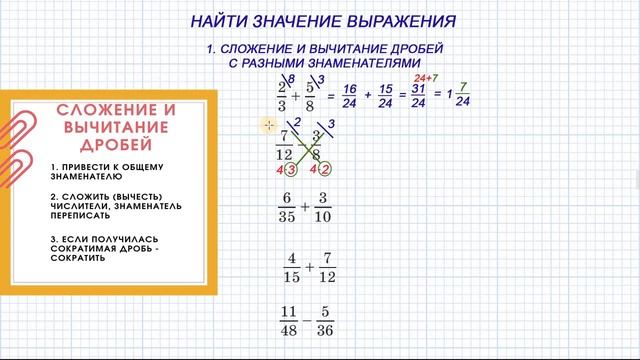 Сложение и вычитание дробей с разными знаменателями. Как привести дроби к одному знаменателю. смотреть онлайн