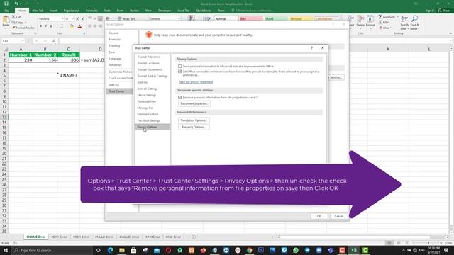 Be careful! Parts of your document may include personal information that can't be removed (Excel) смотреть онлайн