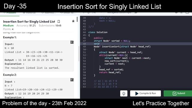 Insertion Sort for Singly Linked List | Problem of the Day | 23th Feb | Let's practice together| gf смотреть онлайн