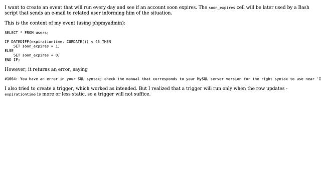 DATEDIFF() refuses to run on a MySQL Event смотреть онлайн