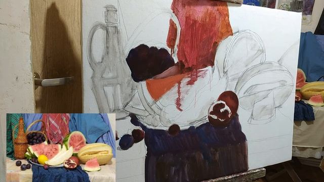 Мастер-класс по живописи с натуры. Натюрморт с арбузами и дыней. Большой формат. Часть-1. смотреть онлайн
