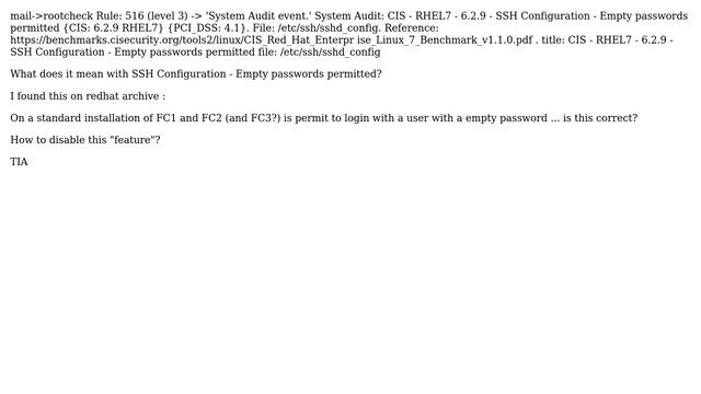 I am using wazuh and get alert SSH Configuration - Empty passwords permitted смотреть онлайн