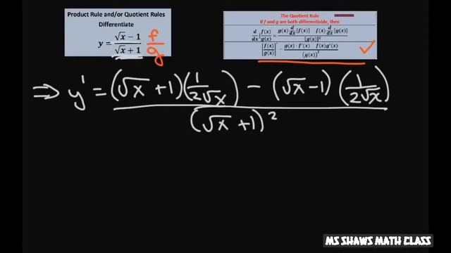 Differentiate y= (sqrt(x) -1)/(sqrt(x) + 1). Quotient Rule смотреть онлайн