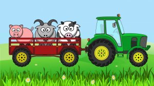 Трактор на ферме везет в прицепе домашних животных. Голоса животных. Видео для детей