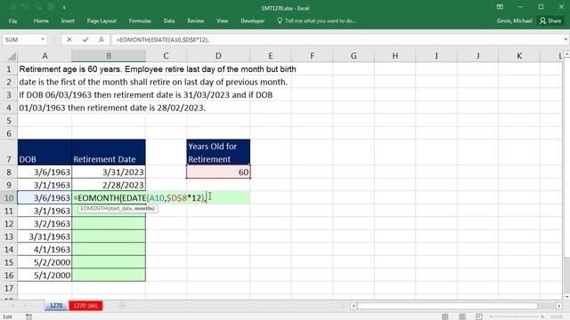 Excel Magic Trick 1270: Calculate Retirement Date with EDATE and EOMONTH functions смотреть онлайн
