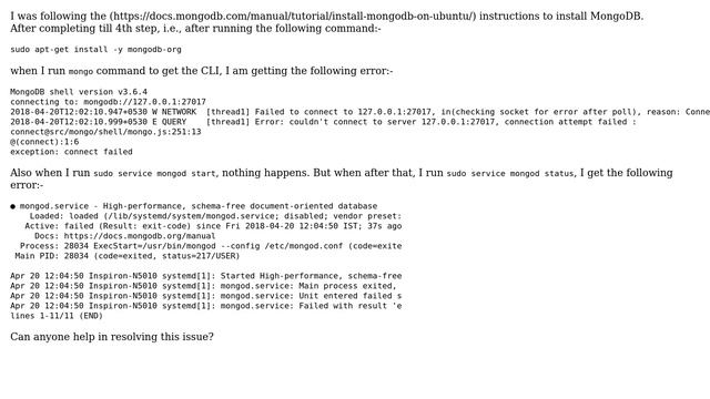 Ubuntu: MongoDB after-installation error, couldn't connect to server смотреть онлайн