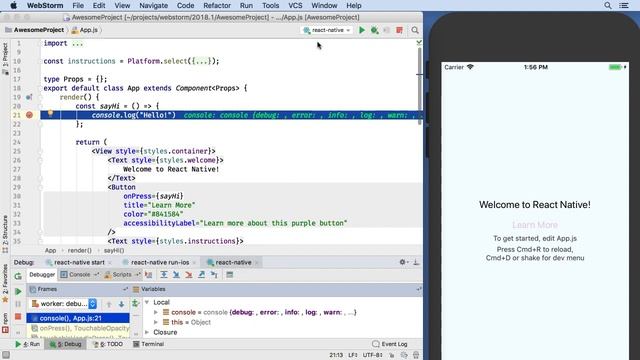 Debugging and running React Native apps in WebStorm 2018.1 смотреть онлайн