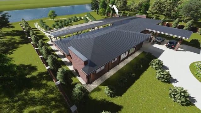 Проект одноэтажного деревянного дома с бассейном. смотреть онлайн