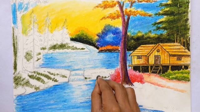 beautiful landscape drawing oil pastel | beautiful scenery drawing смотреть онлайн