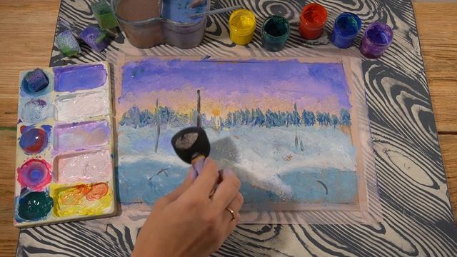 Удивительные техники рисования. УРОК 2. ОТПЕЧАТОК ГУБКОЙ. Зимний пейзаж гуашью. смотреть онлайн