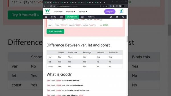 11_JS JavaScript const. Ключевое слово const. JavaScript Tutorial w3schools.com. разница с var и le
