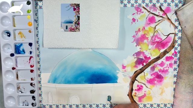 Santorini Greece Painting In Watercolor Flowers Σαντορίνη Ελλάδα Ακουαρέλα