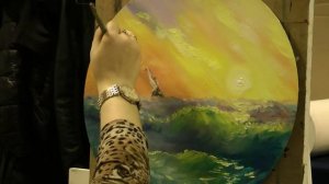 Морской пейзаж маслом на круглом холсте