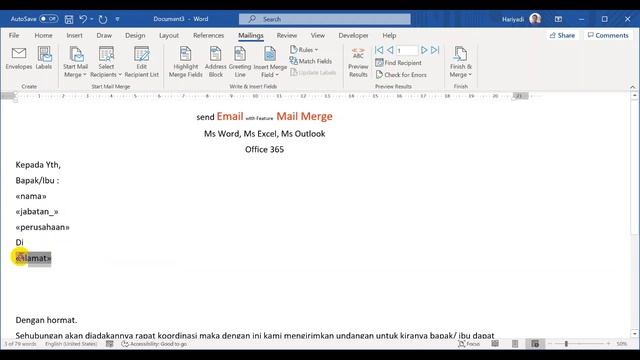 Microsoft Word : Mengirimkan email dengan Mail Merge di Ms Word, Excel, Outlook pada Office 365 смотреть онлайн
