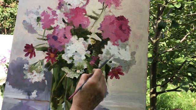 Живопись маслом. Флоксы в стеклянной вазе в летний полдень смотреть онлайн