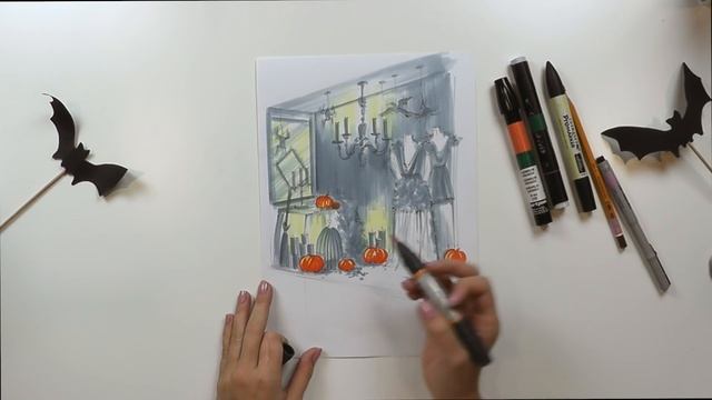 Интерьерный скетчинг Halloween Скетч декора витрины магазина к Хэллоуину смотреть онлайн