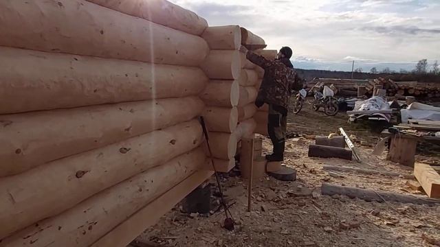 Обработка брёвен декабером из болгарки. Площадка со срубом. смотреть онлайн