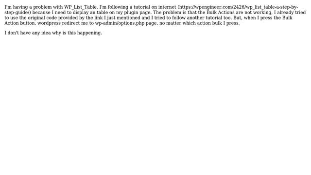 Wordpress: Bulk actions redirects to "options.php" page when clicked (WP_List_Table) смотреть онлайн