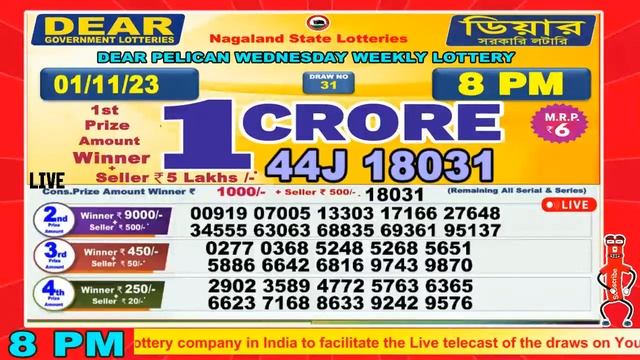 Dear Pelican Wednesday Weekly Lottery 8:00 PM Draw Date 01.11.2023 Dear Nagaland State Lottery Live смотреть онлайн