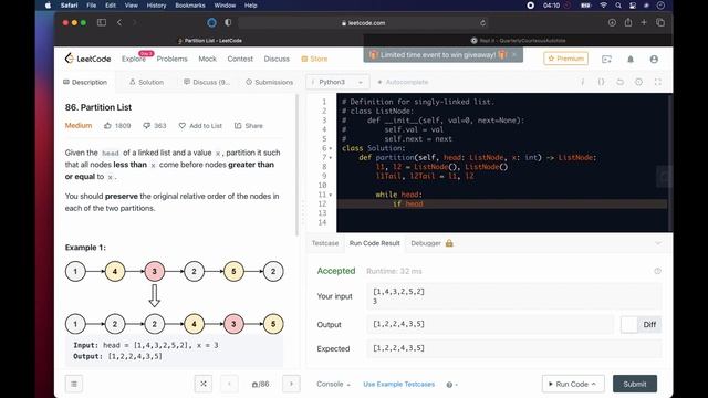 LeetCode 86 Partition List Explained - Python смотреть онлайн
