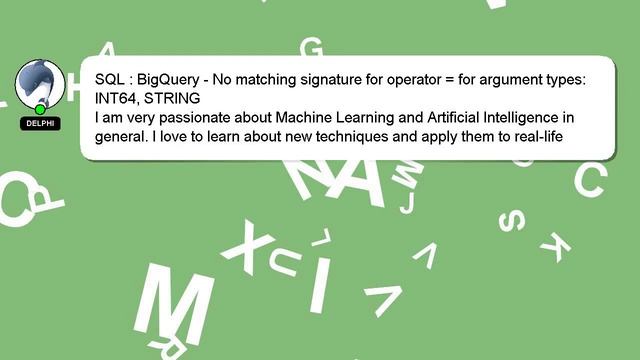 SQL : BigQuery - No matching signature for operator = for argument types: INT64, STRING смотреть онлайн