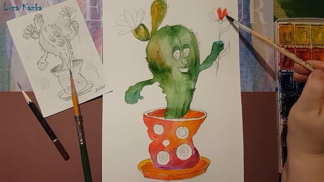 Kaktus malen mit Wasserfarben. Рисуем кактус акварелью. How to draw a cactus. Aquarelle painting. смотреть онлайн