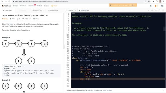 Leetcode 1836. Remove Duplicates From an Unsorted Linked List - dict and linear traversal смотреть онлайн