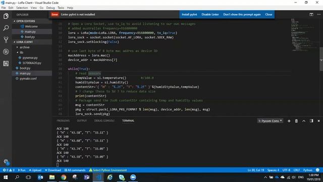 Pycom Lopy and Pysense LoRa client logging IOT temperature data via LoRa gateway смотреть онлайн