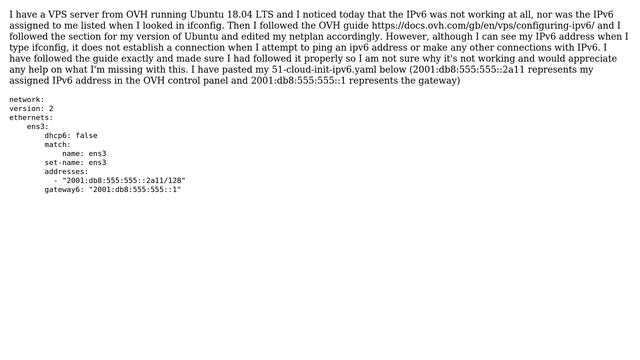 OVH VPS (Ubuntu 18.04) can not connect with IPv6 смотреть онлайн