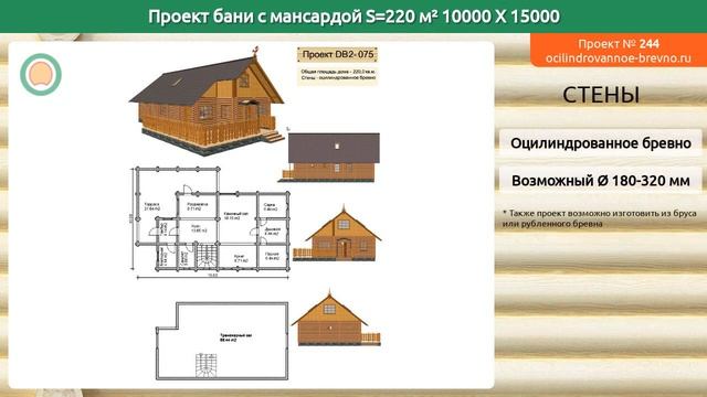 Проект бани № 244 с мансардным этажом 220 м2 10 X 15 из оцилиндрованного бревна смотреть онлайн