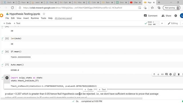 Hypothesis Testing - Two Sample t test - Google Colab Python смотреть онлайн